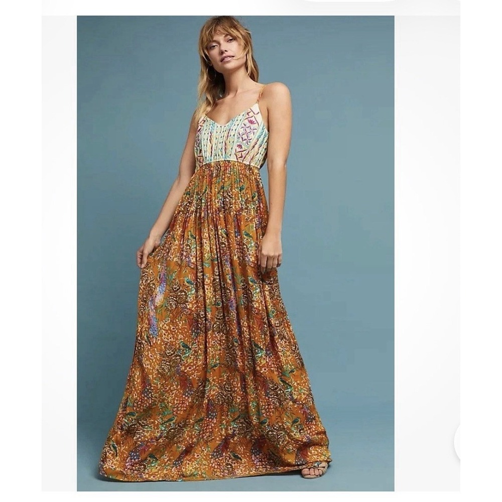 Raga Womens Embroidered Maxi Tank Dress Sz Small Gold Multicolor Viscose